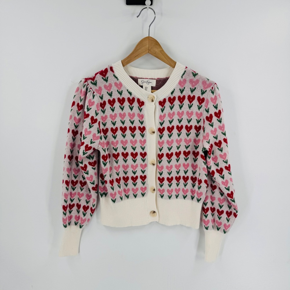 Jessica Simpson Heart Cardigan Size S Puff Sleeve Feminine Valentines Soft Girl